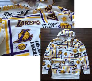 【既決USA】NBA★Los Angeles Lakersロサンゼルス・レイカーズ@完売【LA LAKERS】ロゴ入パーカ【NBA LAKERS All-Over Logo Hoodie】白@XS