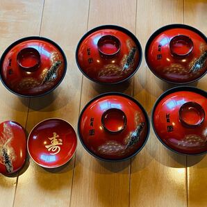 松月漆器汁椀 蓋付き 5セット + 盃 + 楊枝入れ