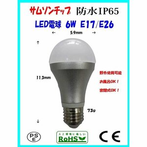 Samsung 超軽量 IP65防水 LED電球 6Ｗ 60Ｗ相当 E17 6000K　室内・室外・お風呂・密閉式OK・ビヤガーデン・露店・屋台・グランピング！