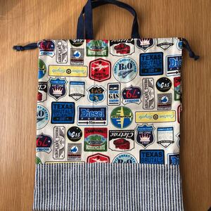 お着替え袋 体操着袋 体操服入れ ハンドメイド 巾着 体操服袋 ワッペン柄×ヒッコリー