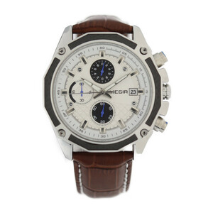 超美品 MEGIR MEGIR ML2015GBN 腕時計 ステンレススチール レザー シルバー ブラウン クロノグラフ【本物保証】