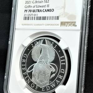 【 グリフィン 最高鑑定 】 2021 イギリス 英国 クイーンズ ビースト 銀貨 ２ポンド NGC PF 70 ULTRA CAMEO COA 解説書 巾着袋付きの画像4