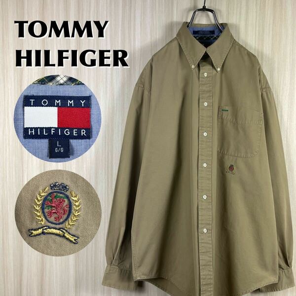 【90s】OLD トミーヒルフィガー オールドトミー 刺繍 オールドロゴ ビッグシルエット ボタンダウン 長袖シャツ ベージュ XL相当 古着