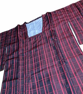 katakla door garment feather woven .... kimono Japanese clothes retro Vintage red black check pattern coat lady's 