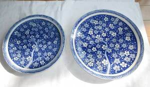 ☆陶器：美濃焼：中古品☆☆品の良いブルーの梅絵：青磁：大皿と中皿
