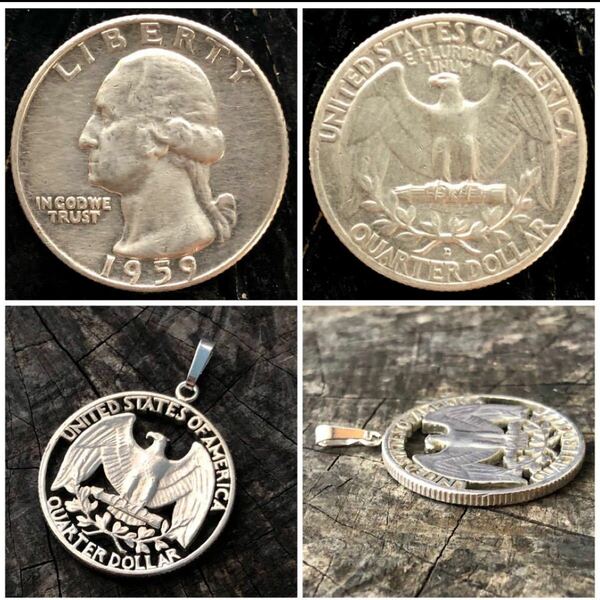 アメリカ　25セント　カットコインペンダント　ブランドReD silver900% 銀貨　 リバティ ワシントン　ハンドメイド
