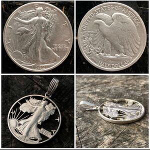 アメリカ　ウォーキングリバティ　カットコインペンダント　ブランドReD silver900% 銀貨　ネックレストップ　ハンドメイド