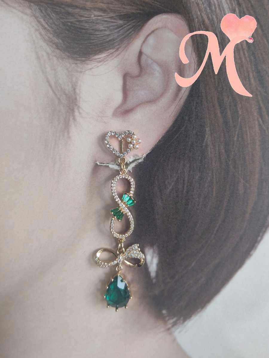 Handmade earrings or pierced earrings, heart, nickel-free, anti-discoloration, hypoallergenic, ribbon, zircon, drop, suitable for dresses., handmade, Accessories (for women), earrings, earrings