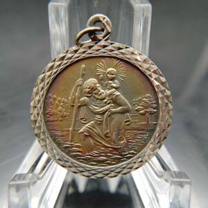 ヴィンテージ シルバー ペンダント コイン チャーム 彫金 銀 男性 子供 St Christopher 聖人 宗教 ② T7