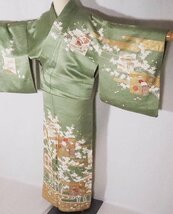 訪問着 正絹 緑 金箔 花色紙 桜 松竹梅 身丈153cm 裄丈65cm Sサイズ ki26212 美品 着物 レディース 入学式 卒業式 結婚式 送料無料 中古_画像2