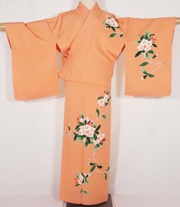 訪問着 正絹 オレンジ 桜 身丈160cm 裄丈65cm Mサイズ 作家落款入り ki26071 美品 着物 レディース 入学式 卒業式 送料無料 