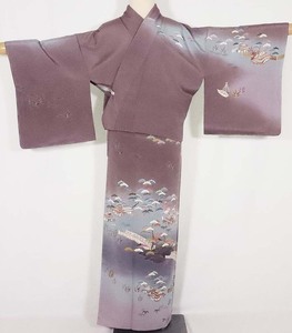 Art hand Auction Kyo-Yuzen by Yoshioka Hajime. Homongi, lined, pure silk, hand-painted Yuzen, bridge, pine, bamboo, plum, adzuki color, blue-gray, purple, length 161cm, sleeve length 65cm, size M, ki26061, free shipping, new, Women's kimono, kimono, Visiting dress, Ready-made