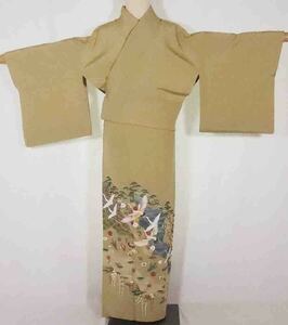 色留袖 袷 正絹 ベージュ 鶴の旅立 比翼仕立て Mサイズ ki25933 着物 レディース 入学式 卒業式 結婚式 送料無料 美品