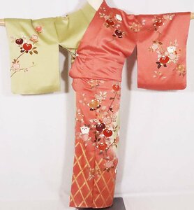 訪問着 正絹 若草色 赤 暈し 橘 身丈161cm 裄丈67cm Mサイズ ki26203 美品 着物 レディース 入学式 卒業式 結婚式 送料無料 中古