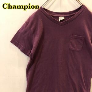 Champion チャンピオン 半袖Tシャツ　Vネック　胸ポケット　　紫　レディース　Mサイズ　【AY0249】