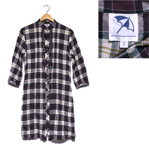  Arnold Palmer design frill One-piece / long shirt shirt dress purple check pattern 2 beautiful goods 