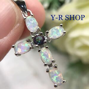  Mystic Rainbow topaz . white fire - opal. Cross design pendant top * lady's necklace silver 925 stamp 