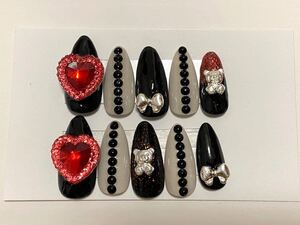 ネイルチップ スキニーオーバル 量産 地雷 パンク ハート 黒 赤