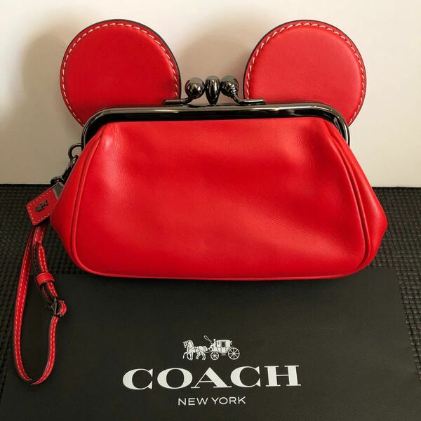 【美品】 COACH コーチ キスロック グラブタンレザー ポーチ レッド ガマ口 ディズニー限定コラボ ミッキー 小銭入れ