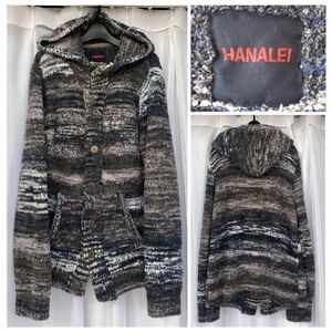 もこもこ★HANALEI / フード付ロングコート グレー系マルチ ボーダー柄 L★未着用デッドストック/ユニセックス フーディー foodie アウター