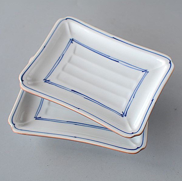 Set of 2 medium-sized square plates with hand-painted indigo lines czs08, Japanese tableware, dish, platter