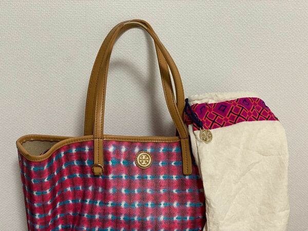 トリーバーチ ショルダーバッグ 格子 ピンク×ブルー　TORY BURCH 2way トートバッグ ゴールド