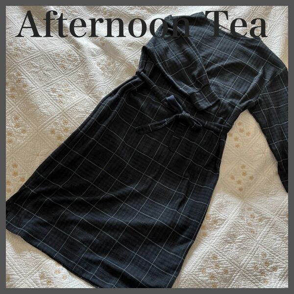 ☆Afternoon Tea☆アフタヌーンティー☆英国調チェック＊ロングワンピース 共布リボン付き　裾スリット