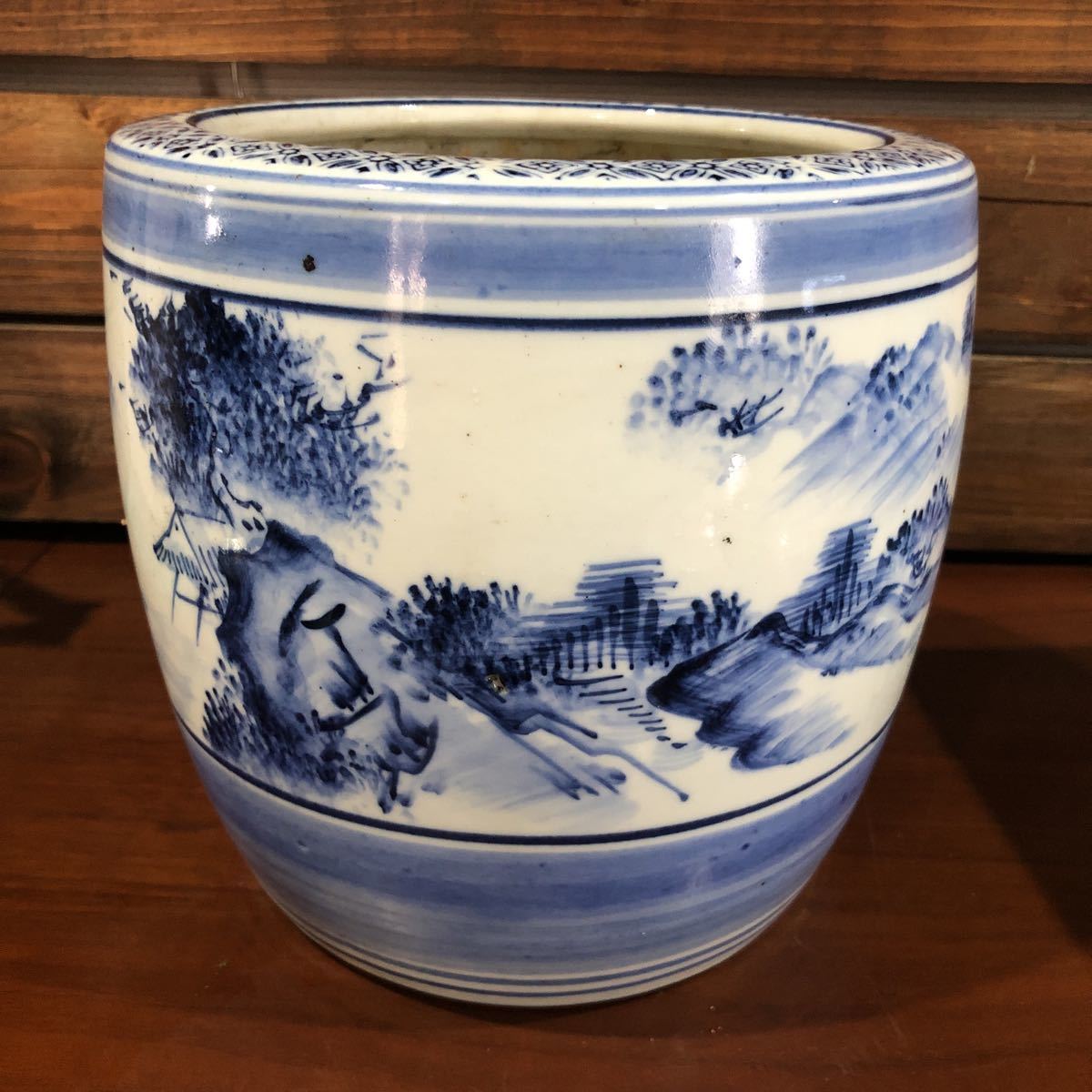 特売 伊万里 火鉢 骨董 アンティーク 陶器 金魚鉢 メダカ鉢 濃紺