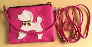  new goods No-brand 3way thin type pouch sho King pink white dog pattern imitation leather poodle gold color ribbon handbag shoulder bag pochette 