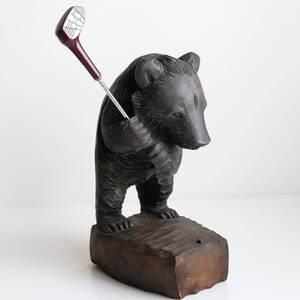 ゴルフをしている木彫り熊 熊の置物 北海道土産 北海道民芸品 置物 木彫熊
