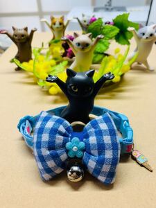 にゃんこ&わんこ(子猫&子犬)用ぷっくり可愛い青チェック柄リボンの首輪No.8