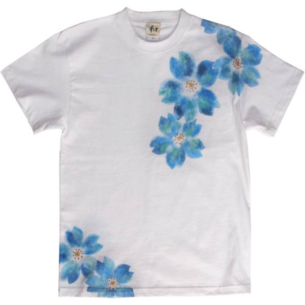 Camiseta para hombre, talla XL, blanco, camiseta con motivo de flor de cerezo bailando, hecho a mano, camiseta pintada a mano, patrón japonés, camiseta con estampado de flores de cerezo dibujadas a mano, Talla XL y superior, cuello redondo, estampado