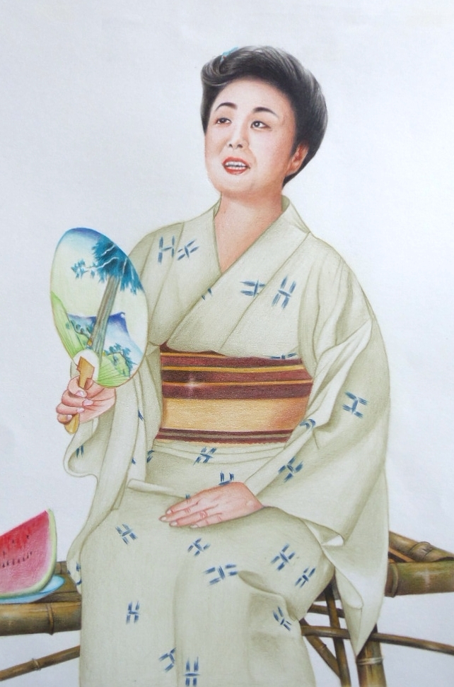 Buntstiftzeichnung, Liefergröße 80, Porträt der Sängerin Hibari Misora (ca. 220 x 325) Gemälde, gebraucht, mit Rahmen, Kunstwerk, Malerei, Bleistiftzeichnung, Kohlezeichnung