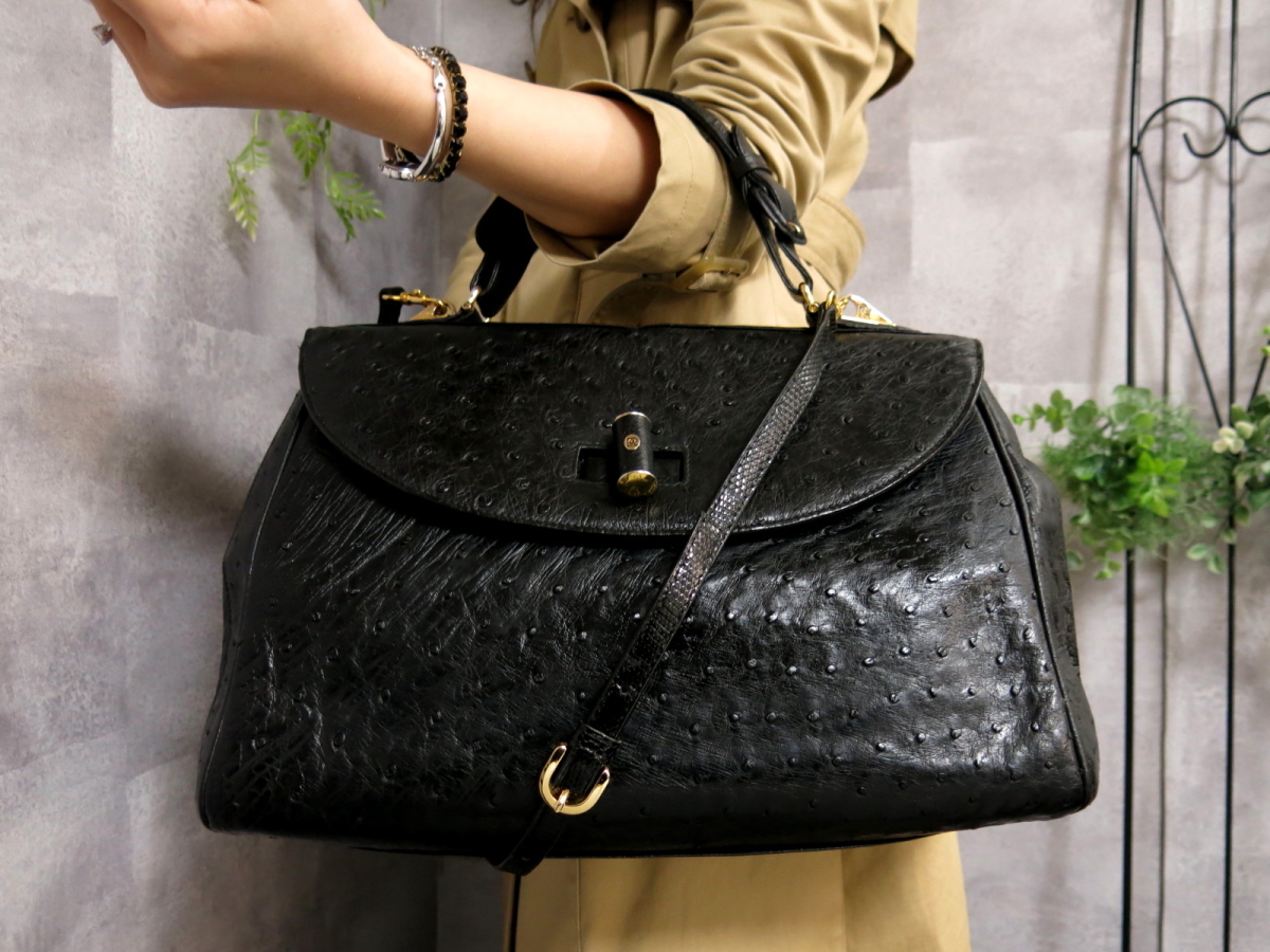 美品 オーストリッチ 2Way ショルダー ハンドバッグ 黒