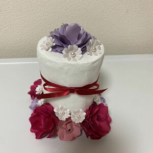 ★ペーパーフラワーのクレイケーキ ハンドメイド 可愛い 素人作品 フェイクスイーツ リボン お花★