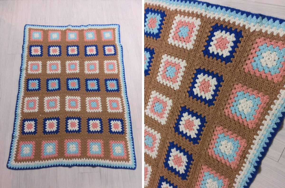 USA Vintage Handmade Afghan Knit Rug Granny Blanket Sofa Cover Brown Light Blue Showa Retro Motif Interior USA, handmade works, bedding, blanket, lap rest