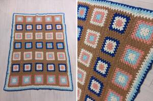 USA Vintage hand made afghan braided knitted rug gla knee blanket sofa cover tea light blue blue Showa Retro motif interior USA