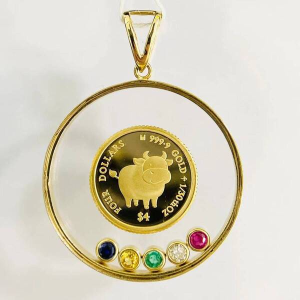 8000 【新品】干支丑金貨 ウシ 牛 クック諸島 2021年 24金 純金 3.95g 1/30オンス コイントップ マルチ ダイヤ ガラス付き
