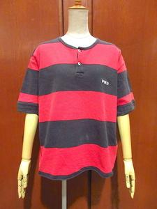 ビンテージ90's●Ralph Laurenワイドボーダー鹿の子ヘンリーネックTシャツ赤×黒●220212r7-m-plsh古着半袖シャツラルフローレン