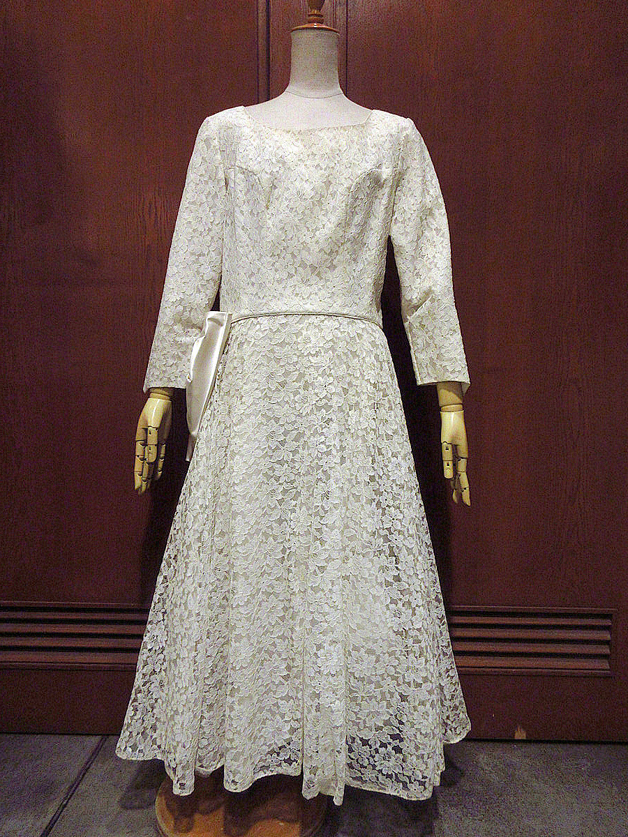 ビンテージ50’s60’s●フラワー総レースウェディングドレス●220220k4-w-lsdrs 1950s1960s結婚式長袖シルクアイボリー生成り
