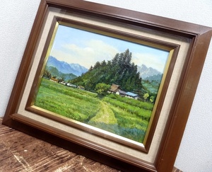 Art hand Auction (☆BM)【感謝特別価格】村上 正 作/油彩 田舎の風景画 山村 からぶき屋根 縦53.5×横幅63㎝ 畑 山脈 日本の景色 絵画 昭和レトロ 古民家, 絵画, 油彩, 自然, 風景画