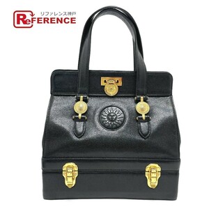 VERSACE Versace sun Burst 2 step vanity handbag leather lady's black × Gold metal fittings 