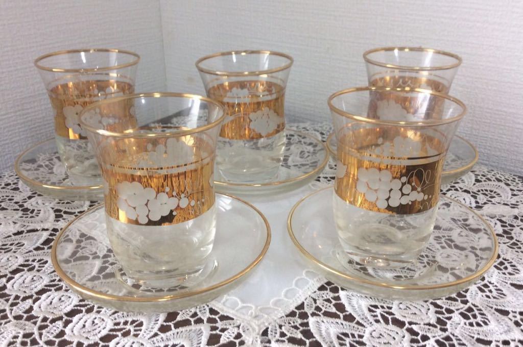 Used Turkish handmade Pasabahce gold cut glass tea glass and saucer set of 5 + 1 extra saucer, Tea utensils, Cup and saucer, Tea cup