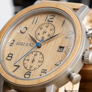 高級素材使用 木製腕時計 ベージュ 日本製 クオーツ メンズ 天然木 木製 ウォッチ カジュアル ウッド モダン 男性 腕時計 プレゼントの画像1