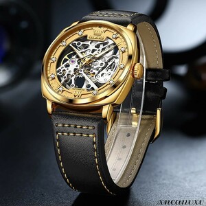 高品質の スケルトン 腕時計 自動巻き 革ベルト ゴールド 機械式 メンズ カジュアル 防水 夜光 アンティーク オシャレ ウォッチ 男性