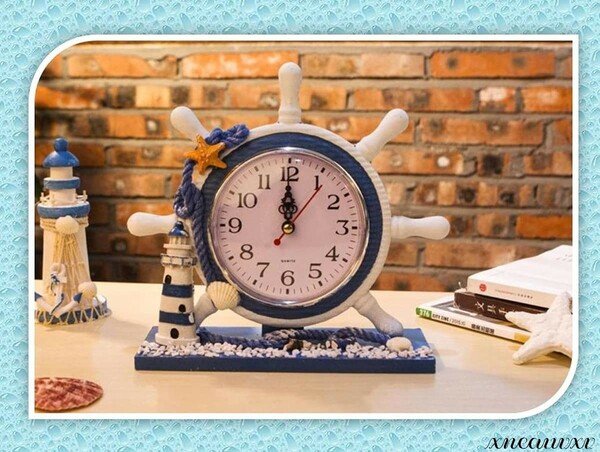 オシャレな舵輪の 置き時計 マリン ブルー 木製 かわいい デザイン 置き オシャレ 雑貨 クラシック 時計 インテリア クロック