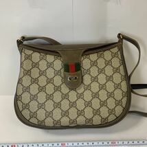 【1円 売り切り】 GUCCI オールドグッチ ヴィンテージ GG柄 PVC×レザー ショルダーバッグ ポシェット 斜め掛け ベージュ系 10 02 056_画像1