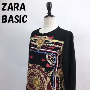 【人気】ZARA BASIC/ザラ ベーシック 長袖ワンピース 膝丈 ブラックベース USAサイズL レディース/S3551