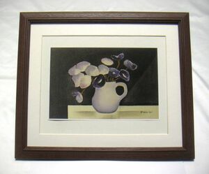 Art hand Auction ◆Ginko Watanabe Black Glow Flower offset reproduction, wooden frame included, immediate purchase◆, Painting, Oil painting, Still life