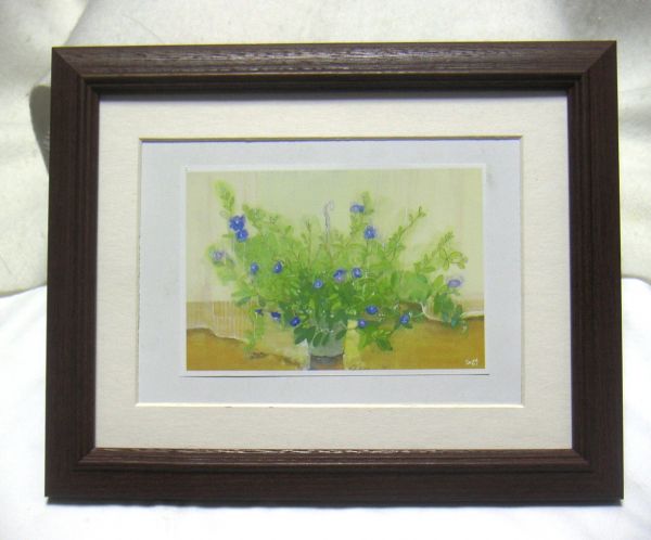 ◆Sato Sayuri Blue Flower offset reproduction with wooden frame, immediate purchase◆, Painting, Oil painting, Still life